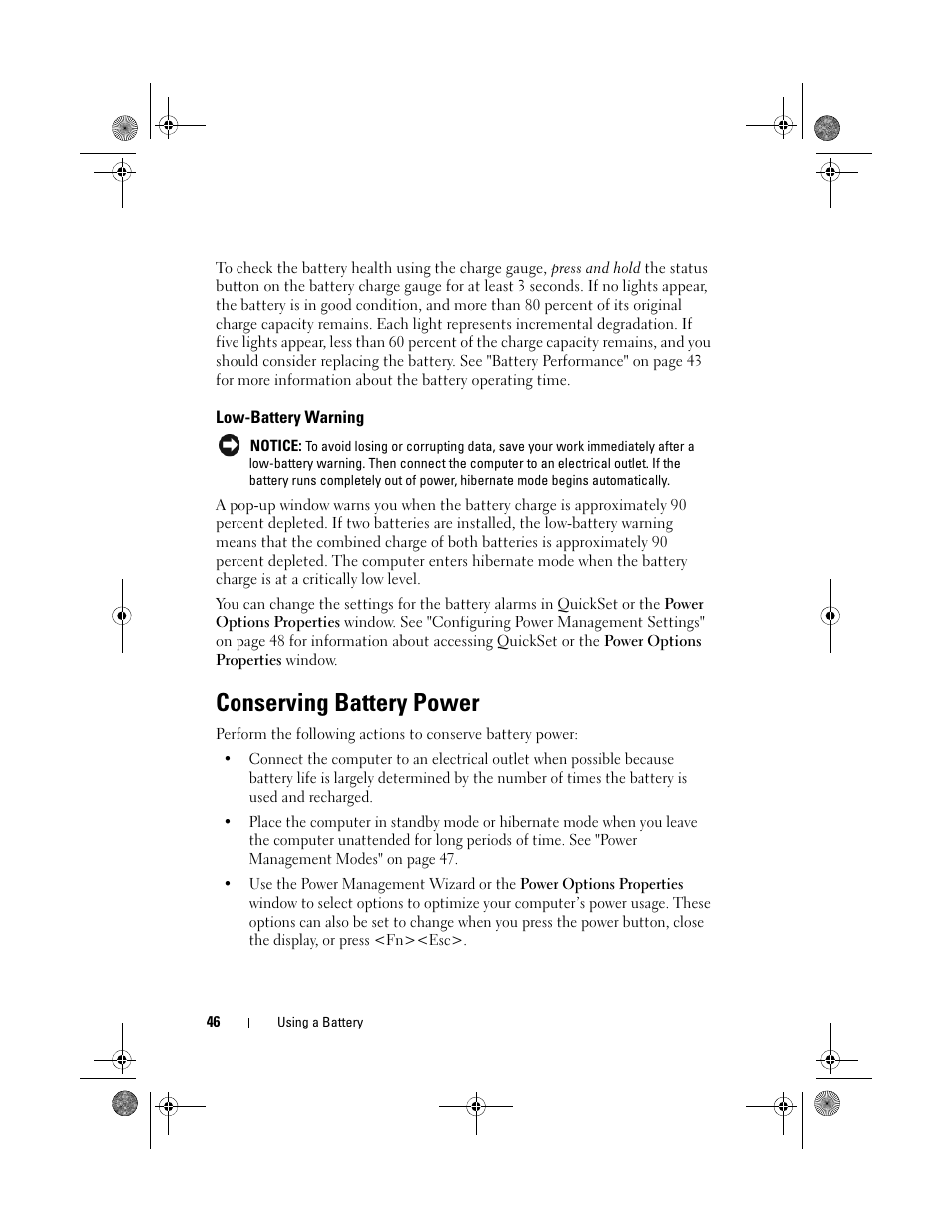 Low-battery warning, Conserving battery power | Dell Precision M6300 (Late 2007) User Manual | Page 46 / 268