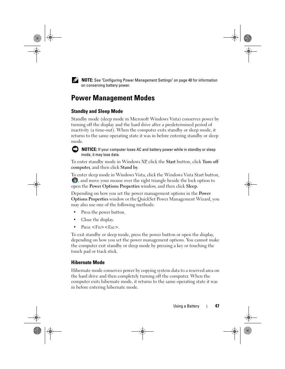 Power management modes, Standby and sleep mode, Hibernate mode | Dell Precision M6300 (Late 2007) User Manual | Page 47 / 268