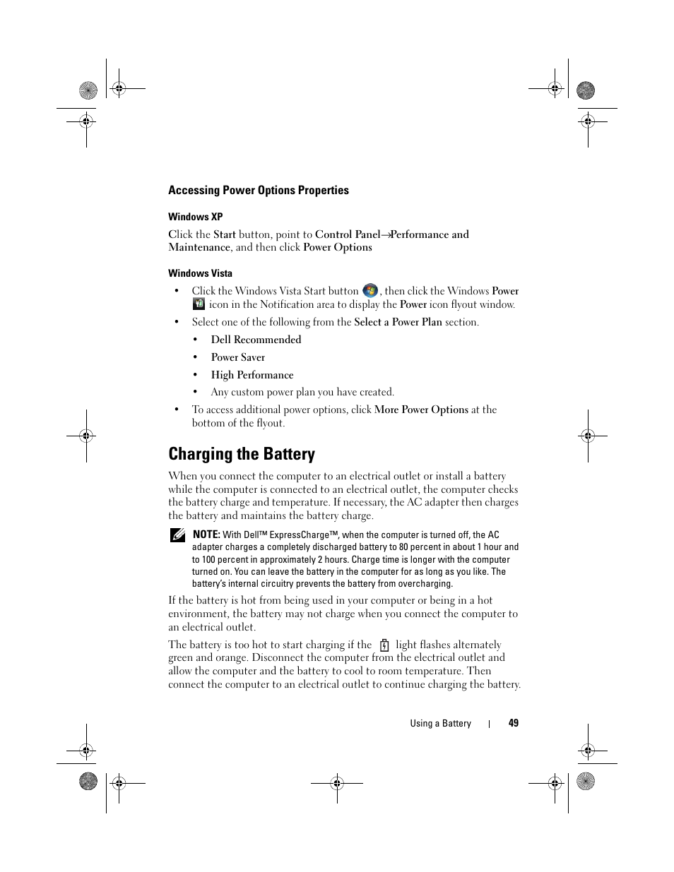 Accessing power options properties, Charging the battery | Dell Precision M6300 (Late 2007) User Manual | Page 49 / 268