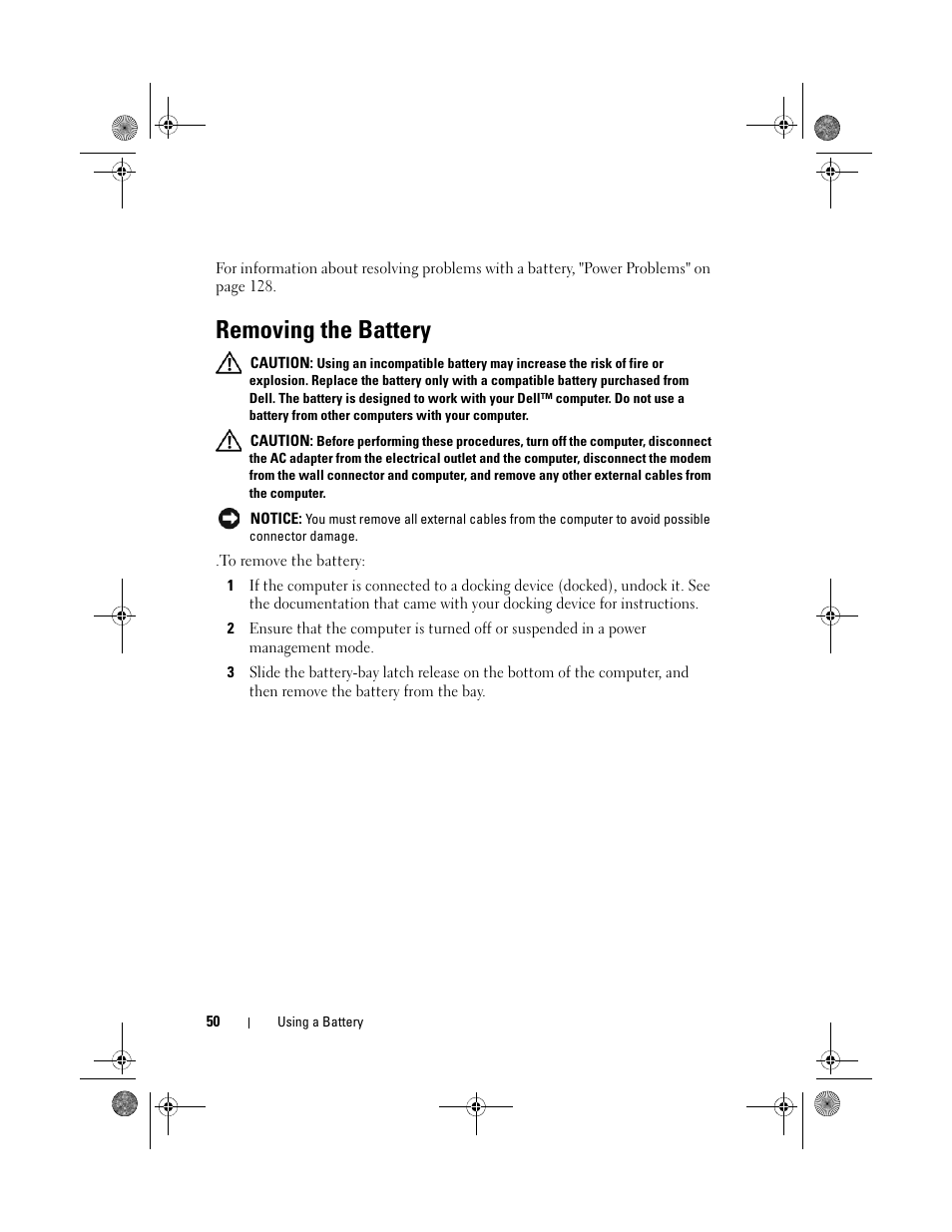 Removing the battery | Dell Precision M6300 (Late 2007) User Manual | Page 50 / 268