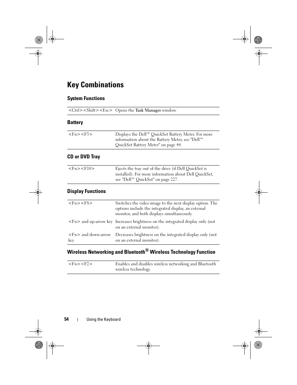 Key combinations, System functions, Battery | Cd or dvd tray, Display functions, Wireless networking and bluetooth | Dell Precision M6300 (Late 2007) User Manual | Page 54 / 268