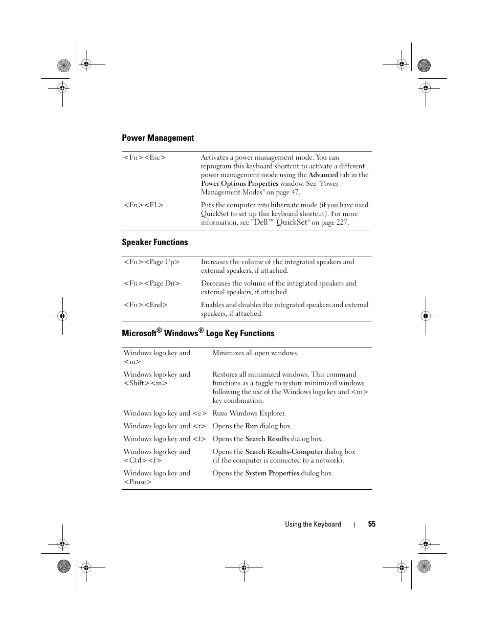 Power management, Speaker functions, Microsoft® windows® logo key functions | Microsoft | Dell Precision M6300 (Late 2007) User Manual | Page 55 / 268
