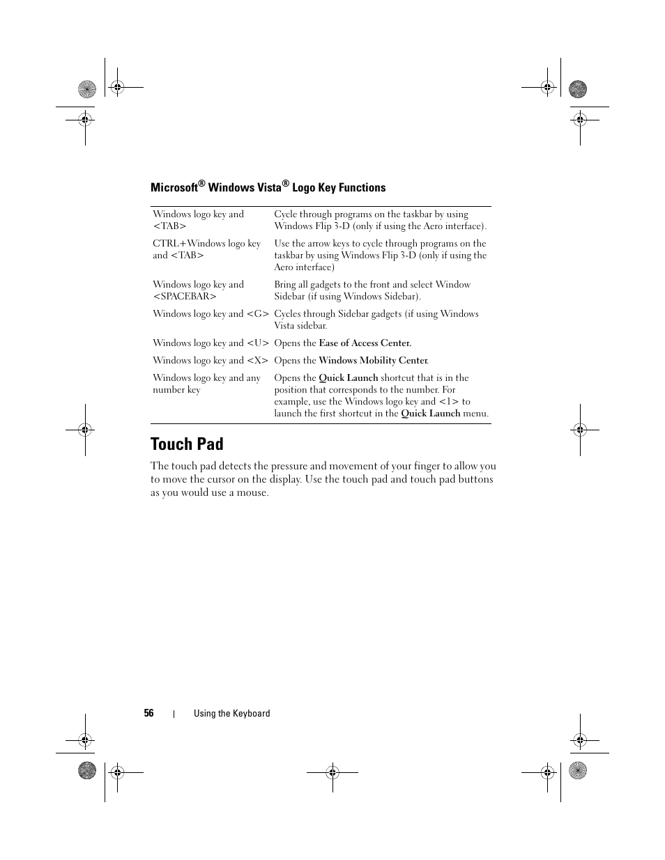 Microsoft® windows vista® logo key functions, Touch pad, Microsoft | Dell Precision M6300 (Late 2007) User Manual | Page 56 / 268