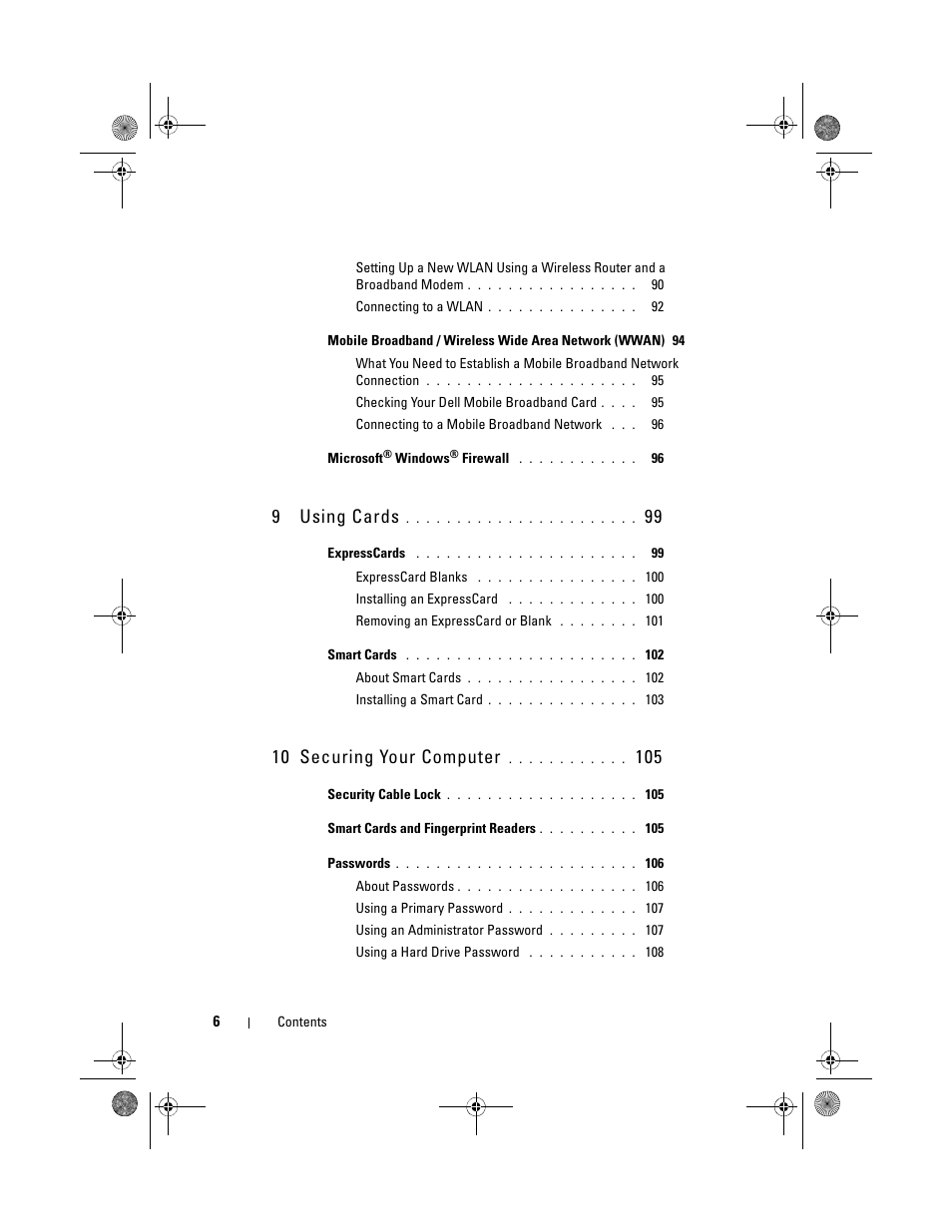 9using cards, 10 securing your computer | Dell Precision M6300 (Late 2007) User Manual | Page 6 / 268