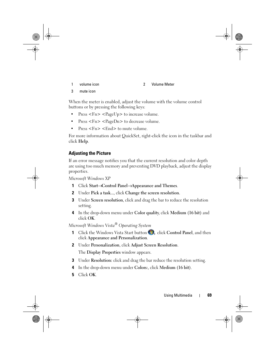 Adjusting the picture | Dell Precision M6300 (Late 2007) User Manual | Page 69 / 268