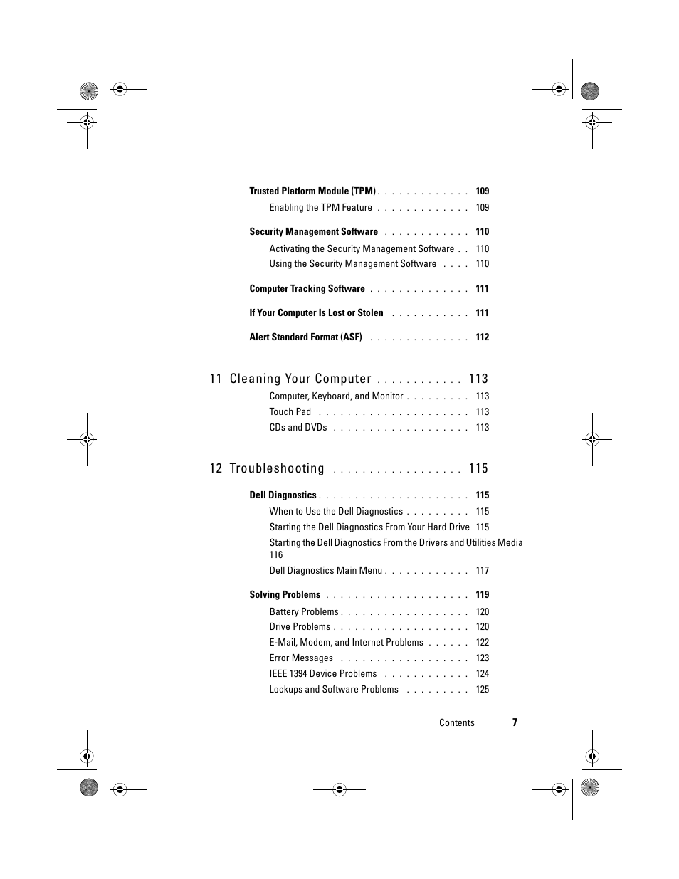11 cleaning your computer, 12 troubleshooting | Dell Precision M6300 (Late 2007) User Manual | Page 7 / 268