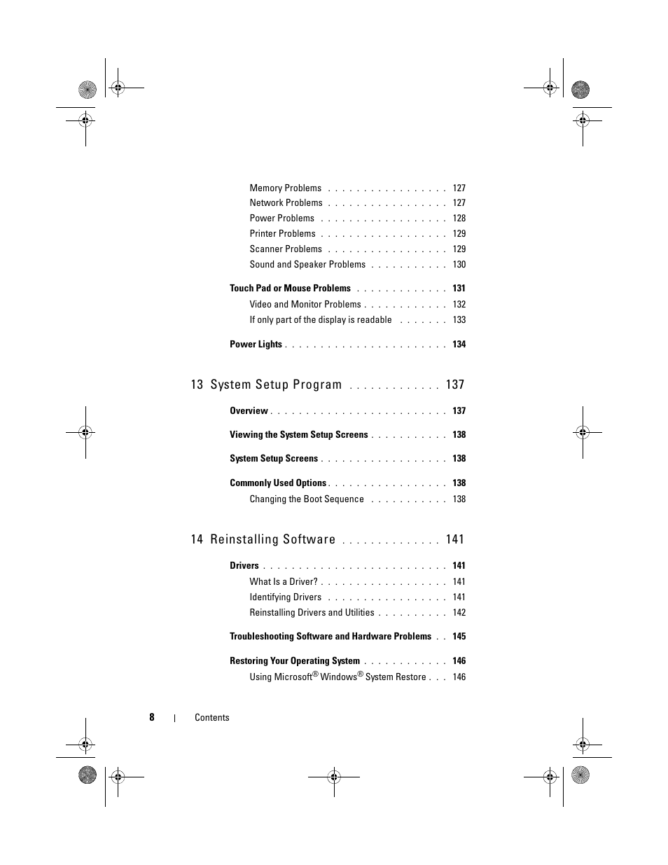 13 system setup program, 14 reinstalling software | Dell Precision M6300 (Late 2007) User Manual | Page 8 / 268