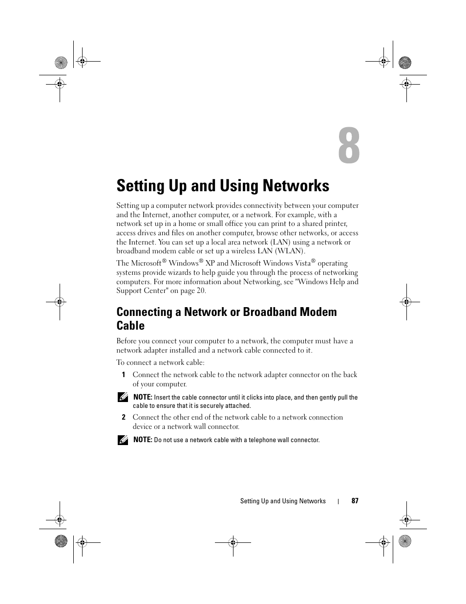 Setting up and using networks, Connecting a network or broadband modem cable | Dell Precision M6300 (Late 2007) User Manual | Page 87 / 268