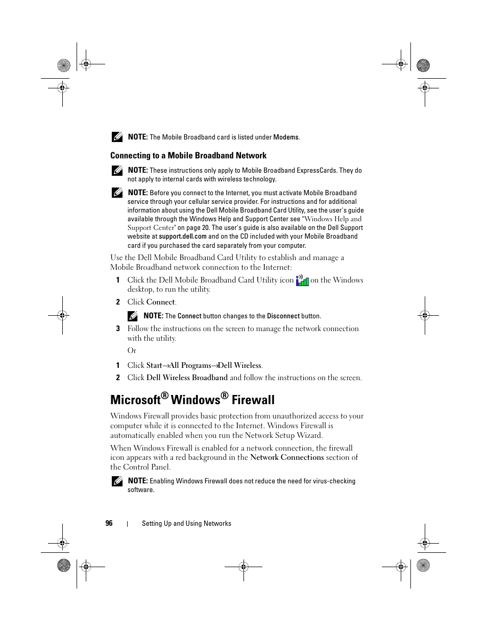 Connecting to a mobile broadband network, Microsoft® windows® firewall, Microsoft | Windows, Firewall | Dell Precision M6300 (Late 2007) User Manual | Page 96 / 268