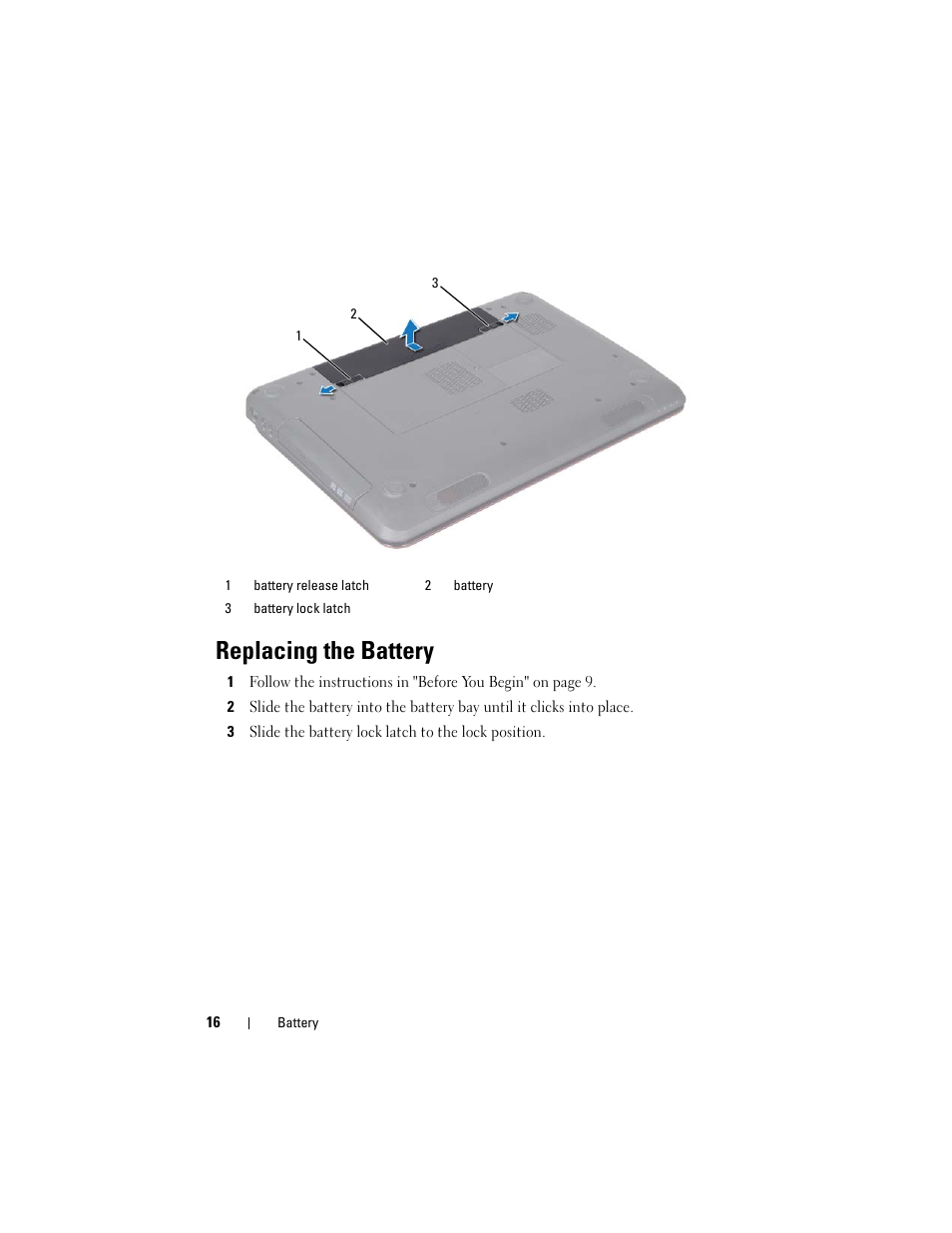 Replacing the battery | Dell Inspiron 15R (N5110, Early 2011) User Manual | Page 16 / 90