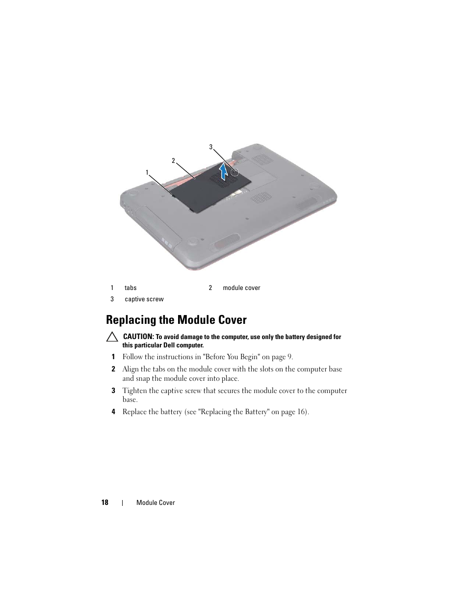 Replacing the module cover | Dell Inspiron 15R (N5110, Early 2011) User Manual | Page 18 / 90