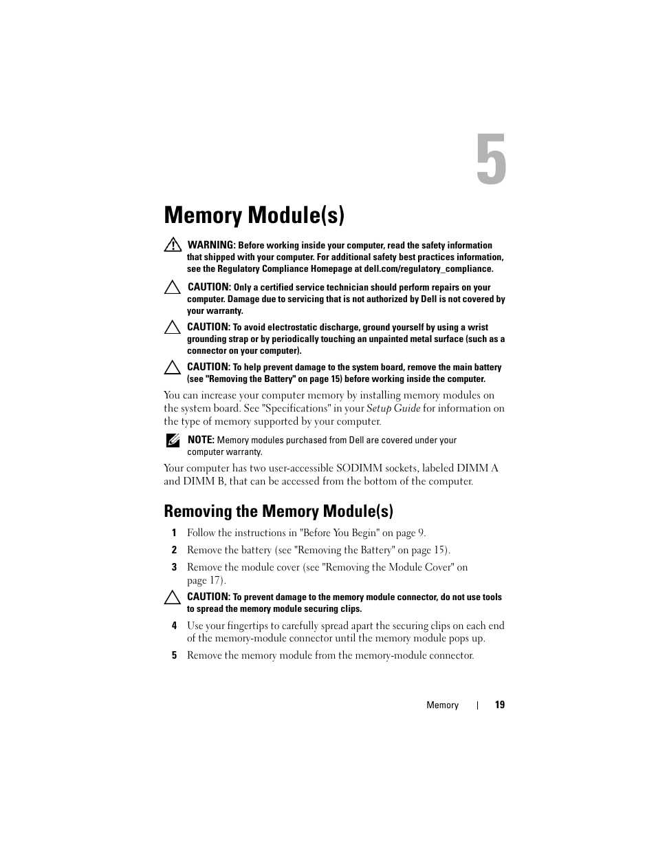 Memory module(s), Removing the memory module(s) | Dell Inspiron 15R (N5110, Early 2011) User Manual | Page 19 / 90