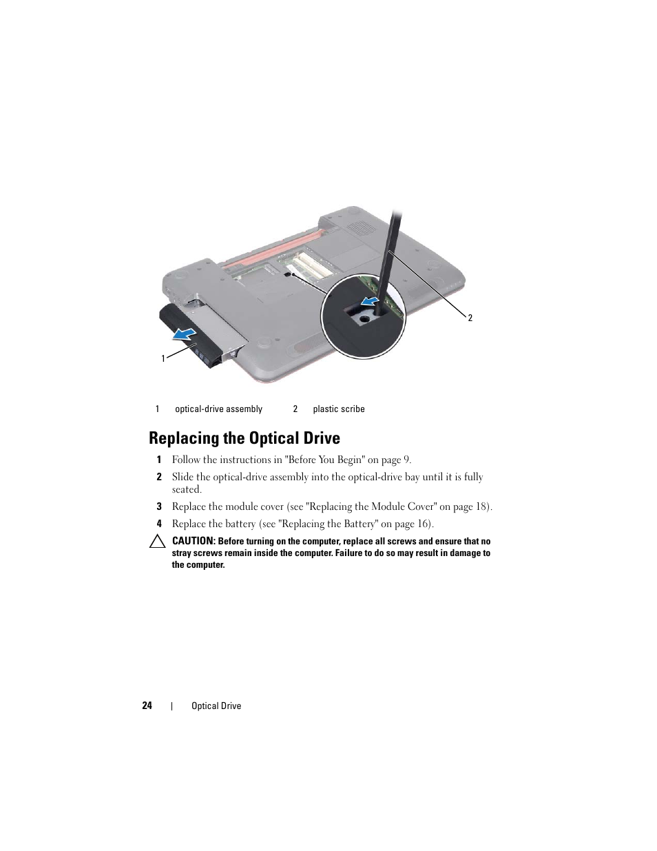 Replacing the optical drive | Dell Inspiron 15R (N5110, Early 2011) User Manual | Page 24 / 90