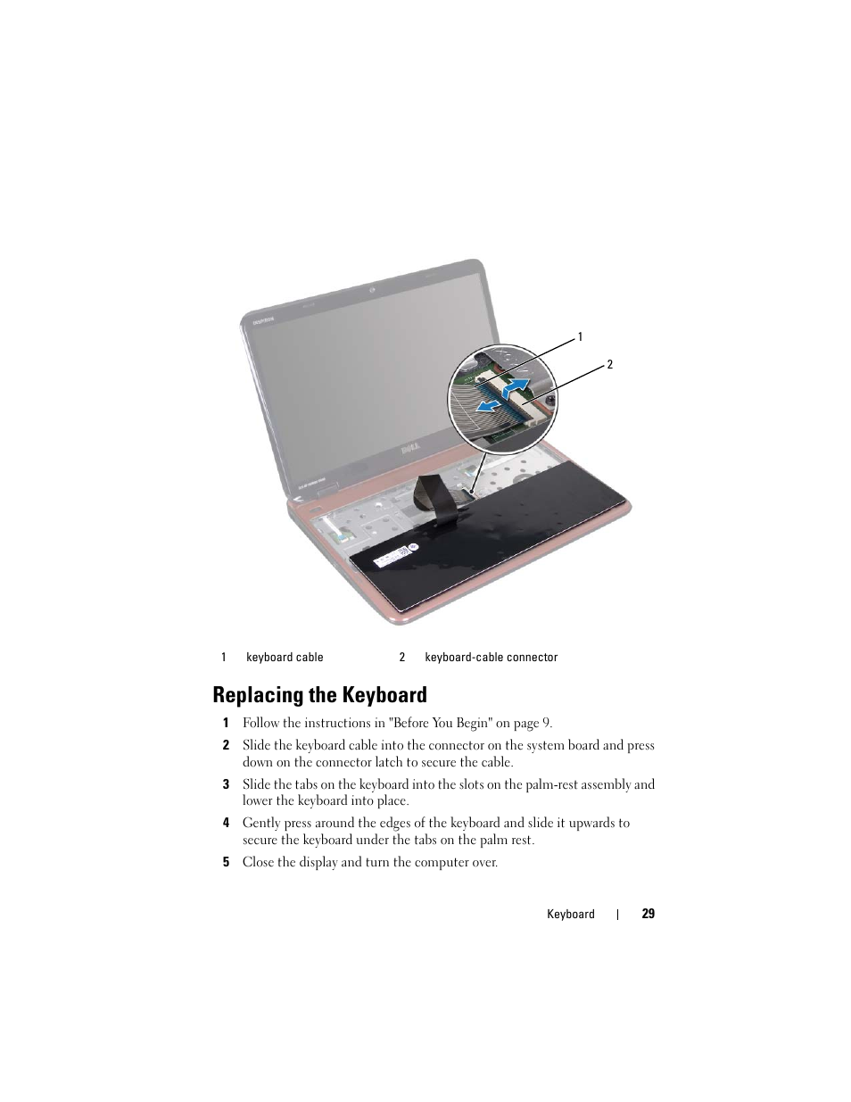 Replacing the keyboard, 5 close the display and turn the computer over | Dell Inspiron 15R (N5110, Early 2011) User Manual | Page 29 / 90