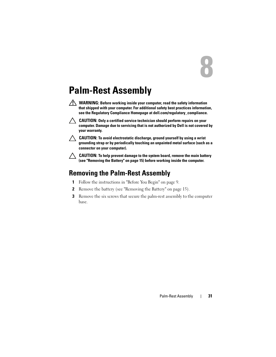 Palm-rest assembly, Removing the palm-rest assembly | Dell Inspiron 15R (N5110, Early 2011) User Manual | Page 31 / 90