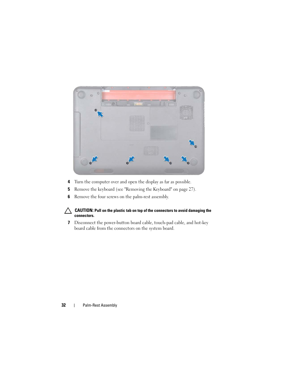 6 remove the four screws on the palm-rest assembly | Dell Inspiron 15R (N5110, Early 2011) User Manual | Page 32 / 90