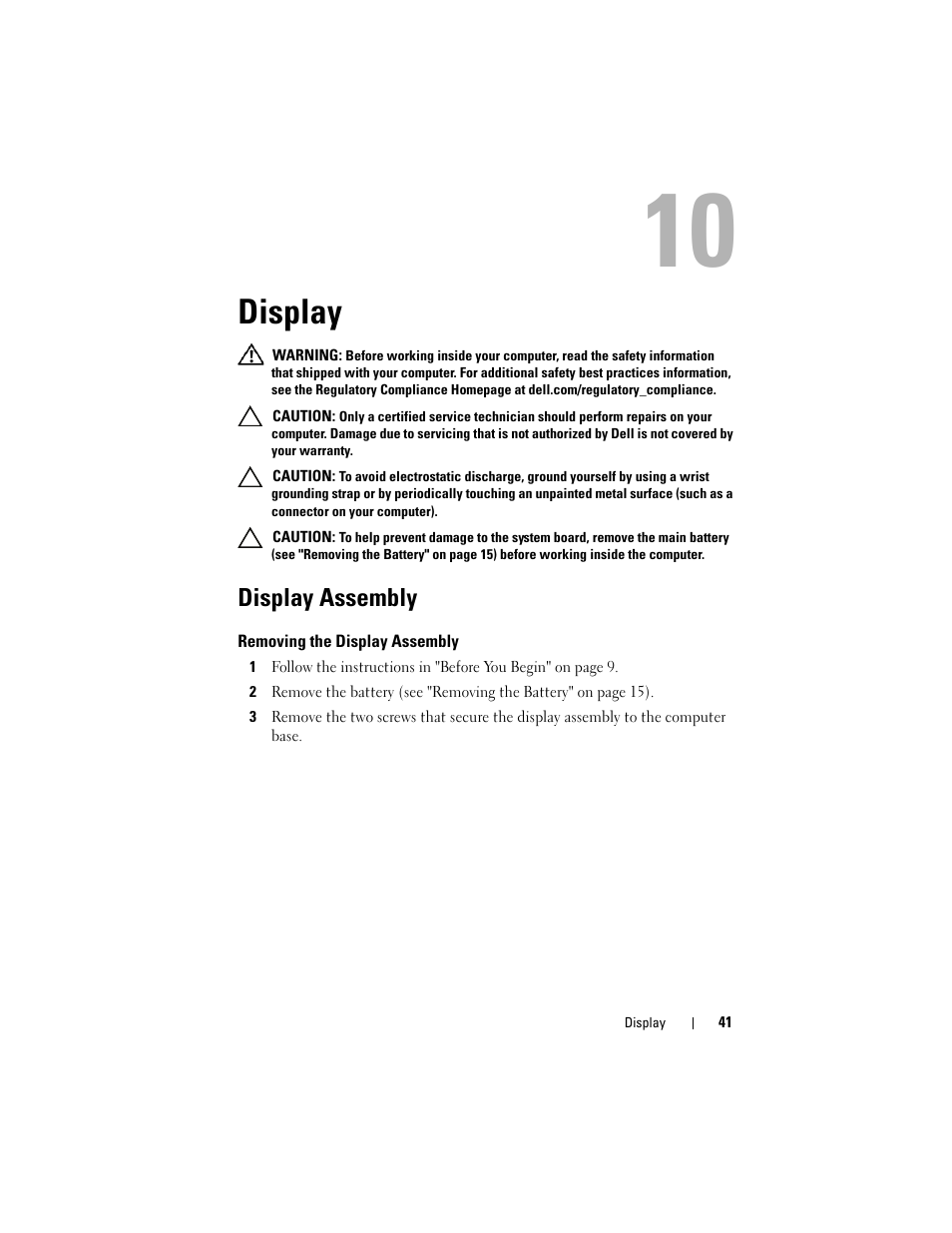 Display, Display assembly, Removing the display assembly | Dell Inspiron 15R (N5110, Early 2011) User Manual | Page 41 / 90