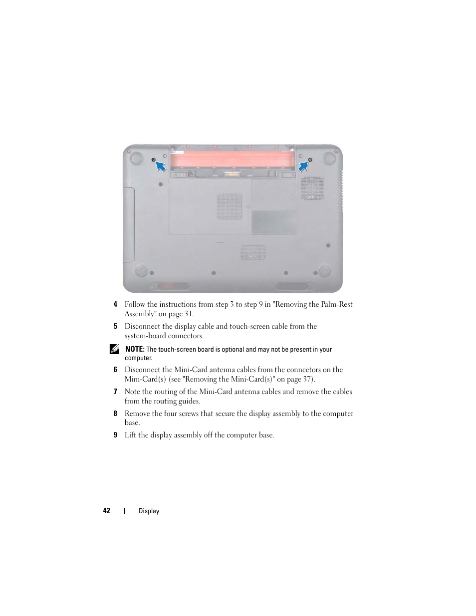 9 lift the display assembly off the computer base | Dell Inspiron 15R (N5110, Early 2011) User Manual | Page 42 / 90