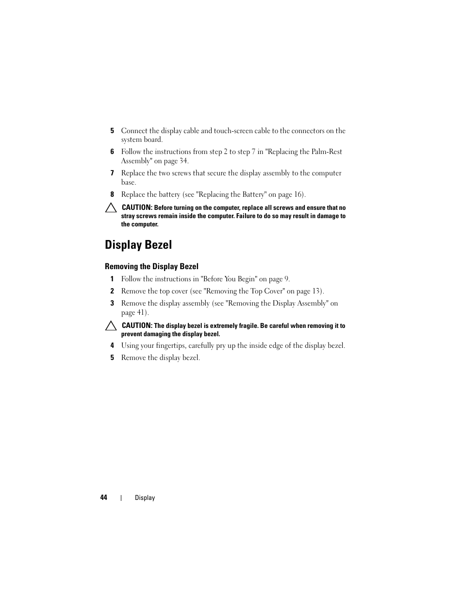 Display bezel, Removing the display bezel, 5 remove the display bezel | Dell Inspiron 15R (N5110, Early 2011) User Manual | Page 44 / 90