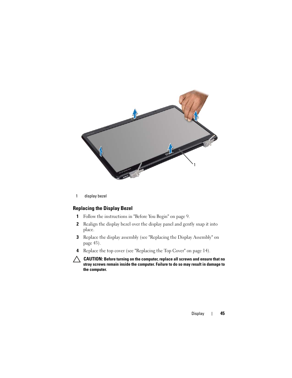Replacing the display bezel | Dell Inspiron 15R (N5110, Early 2011) User Manual | Page 45 / 90