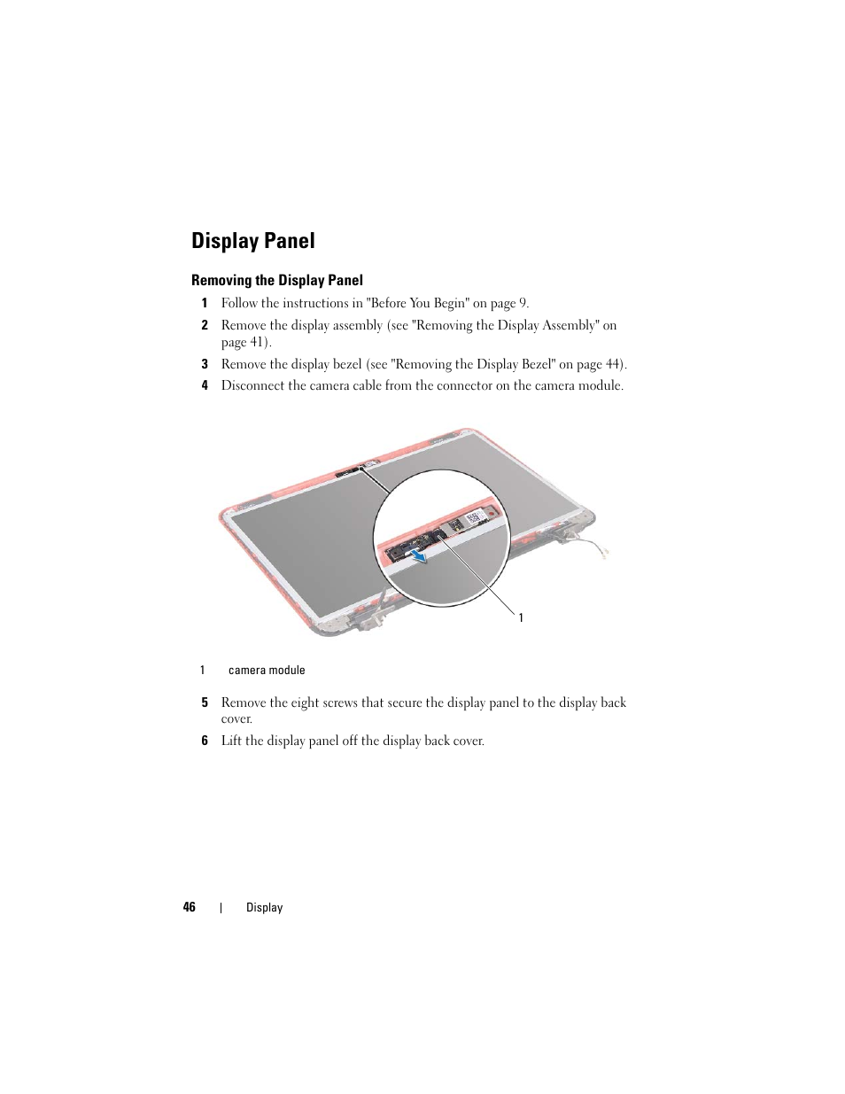 Display panel, Removing the display panel | Dell Inspiron 15R (N5110, Early 2011) User Manual | Page 46 / 90