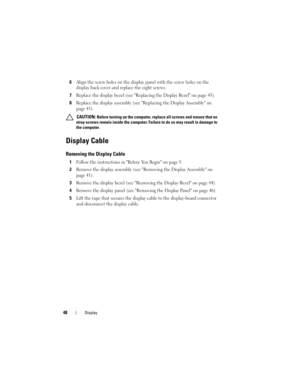 Display cable, Removing the display cable | Dell Inspiron 15R (N5110, Early 2011) User Manual | Page 48 / 90