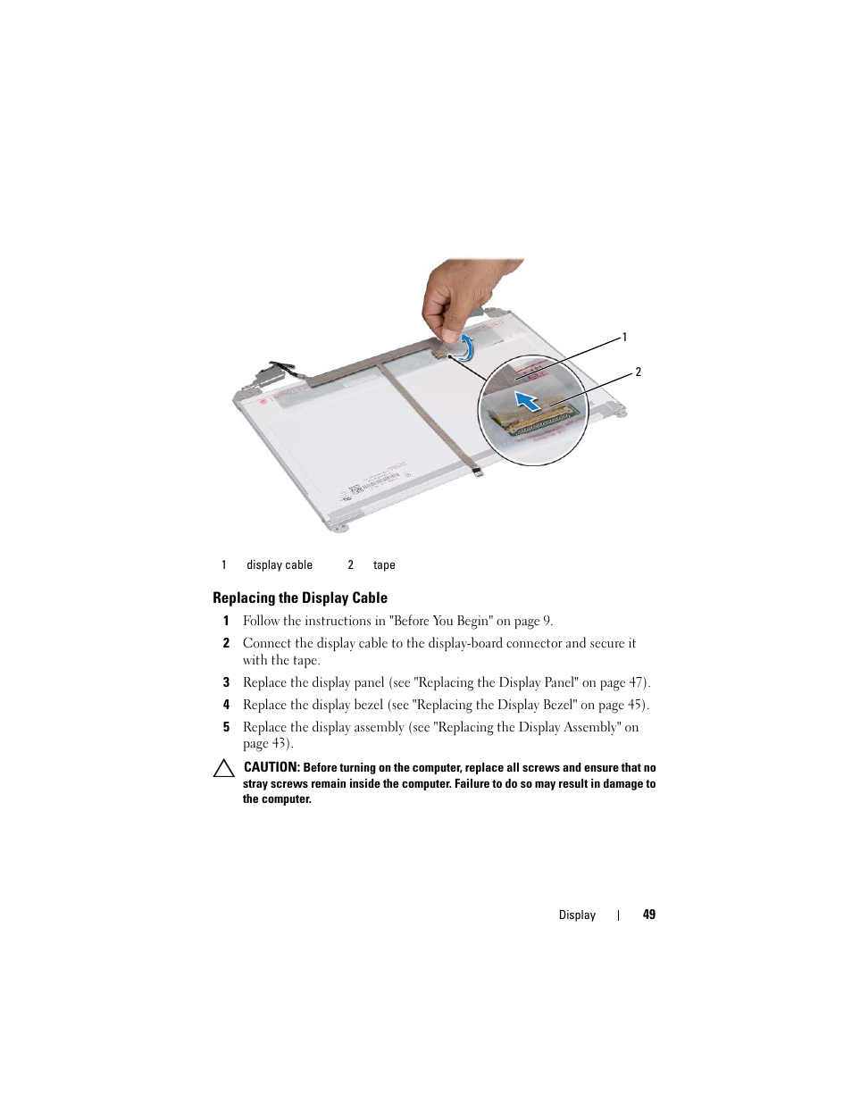 Replacing the display cable | Dell Inspiron 15R (N5110, Early 2011) User Manual | Page 49 / 90