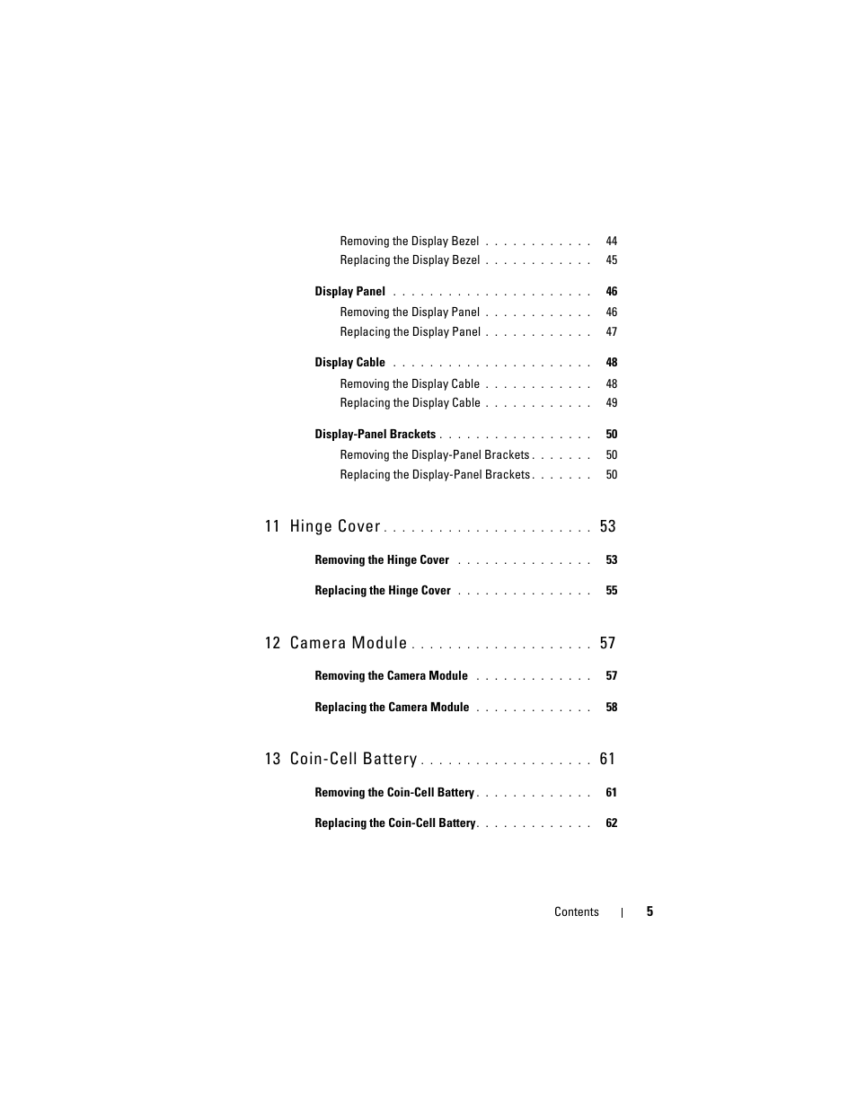 11 hinge cover, 12 camera module, 13 coin-cell battery | Dell Inspiron 15R (N5110, Early 2011) User Manual | Page 5 / 90