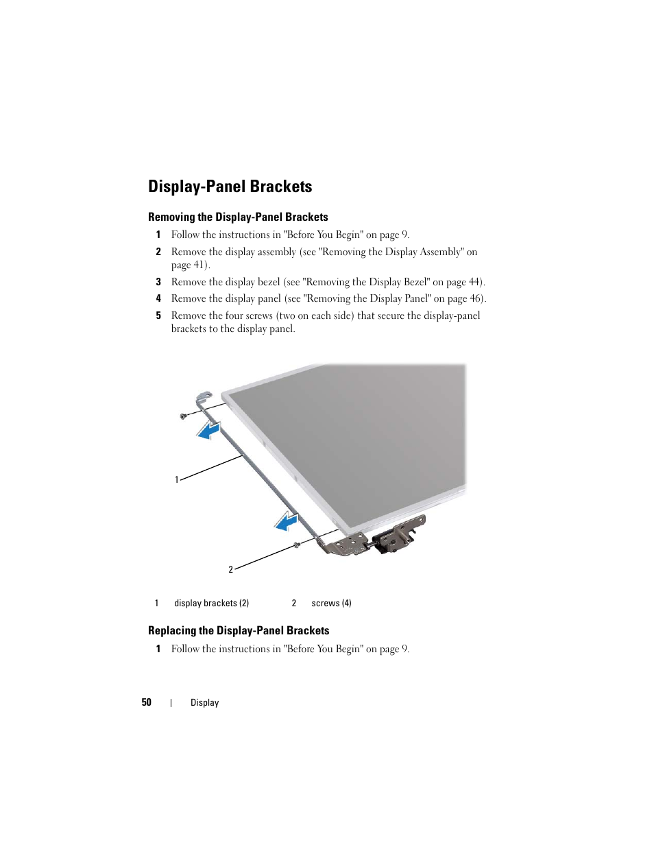 Display-panel brackets, Removing the display-panel brackets, Replacing the display-panel brackets | Removing the display-panel, Replacing the display-panel | Dell Inspiron 15R (N5110, Early 2011) User Manual | Page 50 / 90