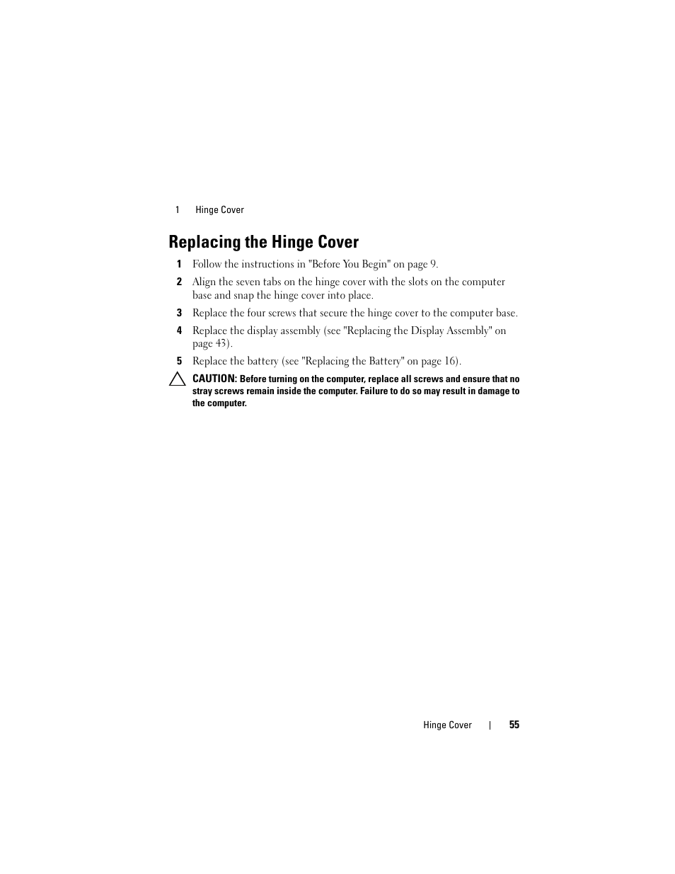 Replacing the hinge cover | Dell Inspiron 15R (N5110, Early 2011) User Manual | Page 55 / 90