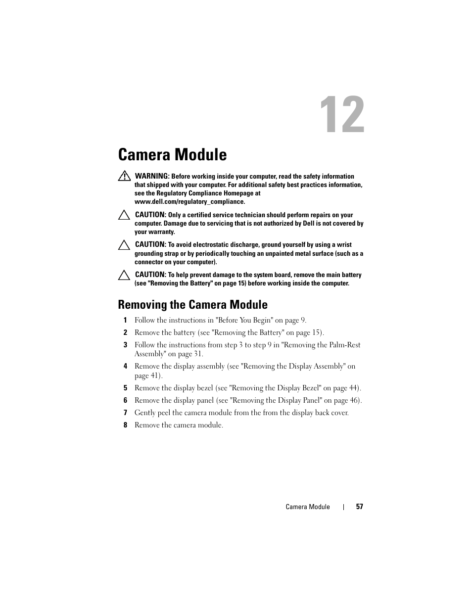 Camera module, Removing the camera module | Dell Inspiron 15R (N5110, Early 2011) User Manual | Page 57 / 90