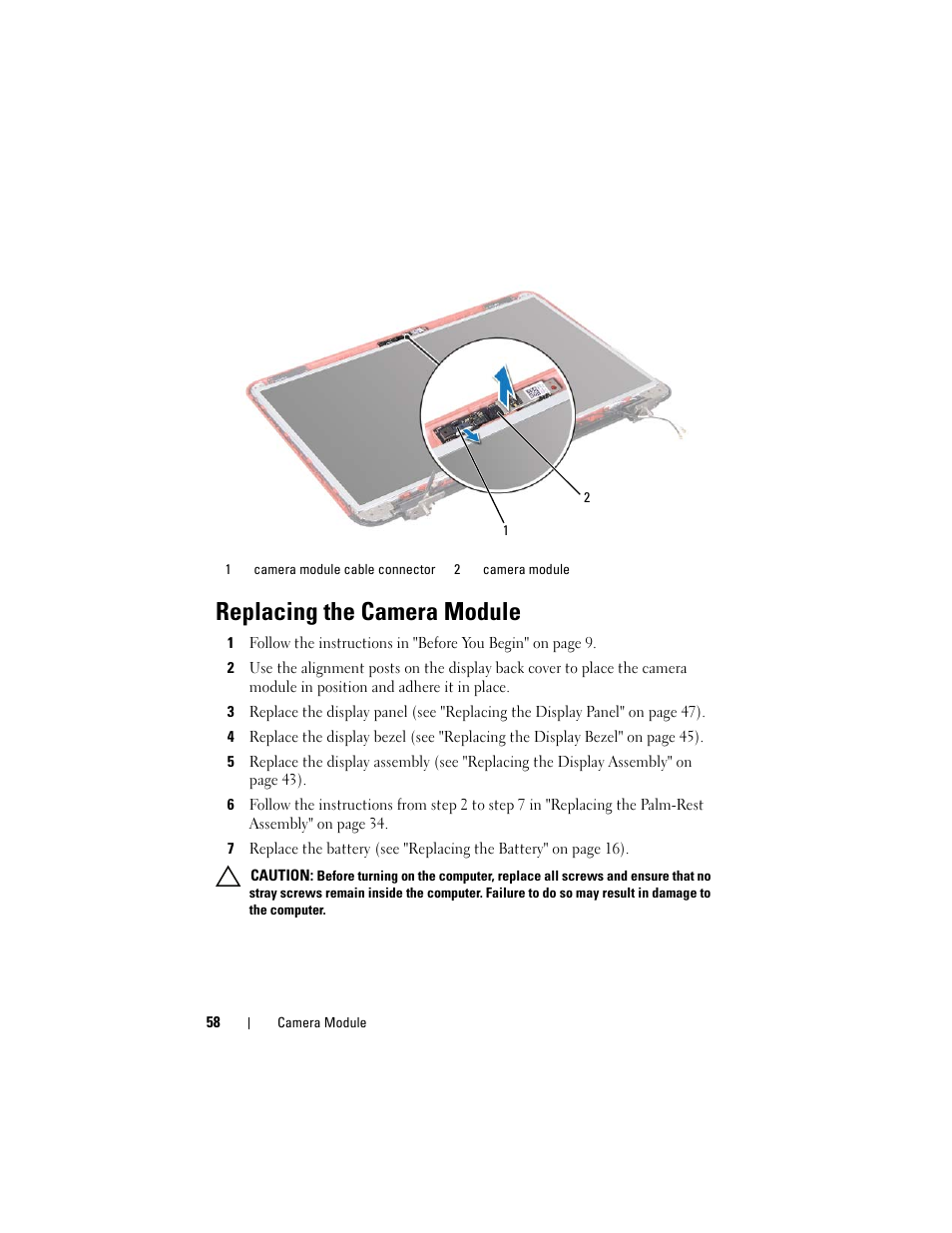 Replacing the camera module | Dell Inspiron 15R (N5110, Early 2011) User Manual | Page 58 / 90