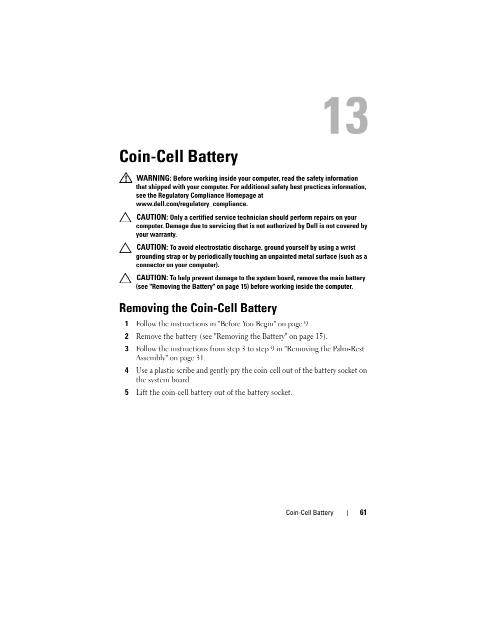 Coin-cell battery, Removing the coin-cell battery | Dell Inspiron 15R (N5110, Early 2011) User Manual | Page 61 / 90