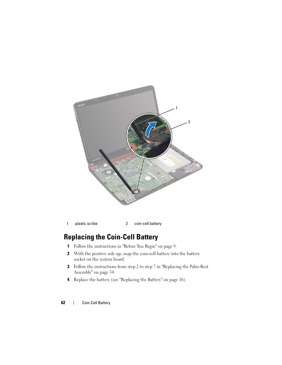 Replacing the coin-cell battery | Dell Inspiron 15R (N5110, Early 2011) User Manual | Page 62 / 90
