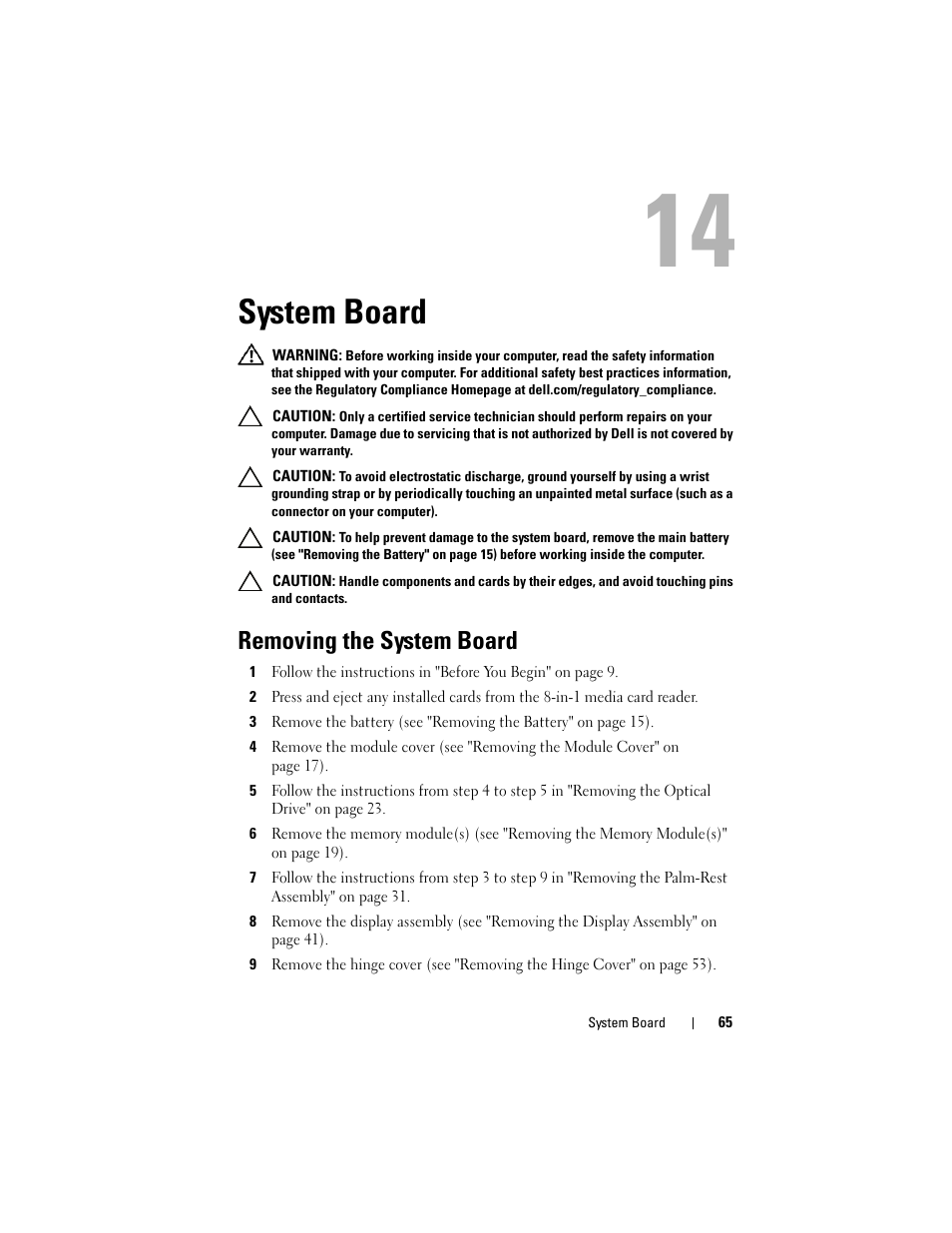 System board, Removing the system board | Dell Inspiron 15R (N5110, Early 2011) User Manual | Page 65 / 90