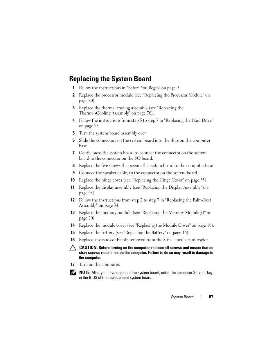 Replacing the system board, 5 turn the system board assembly over, 17 turn on the computer | Dell Inspiron 15R (N5110, Early 2011) User Manual | Page 67 / 90