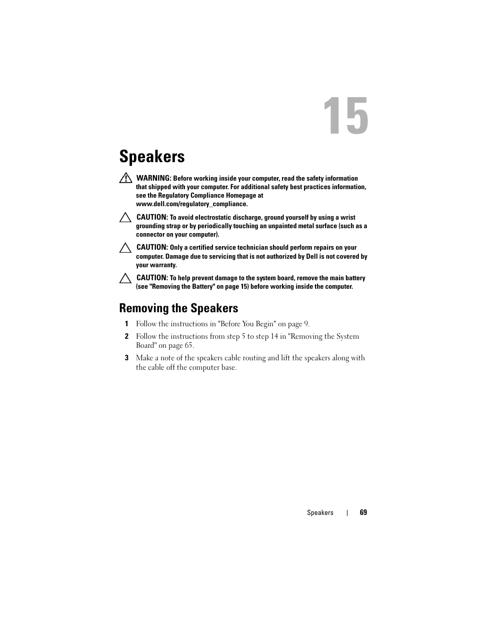 Speakers, Removing the speakers | Dell Inspiron 15R (N5110, Early 2011) User Manual | Page 69 / 90