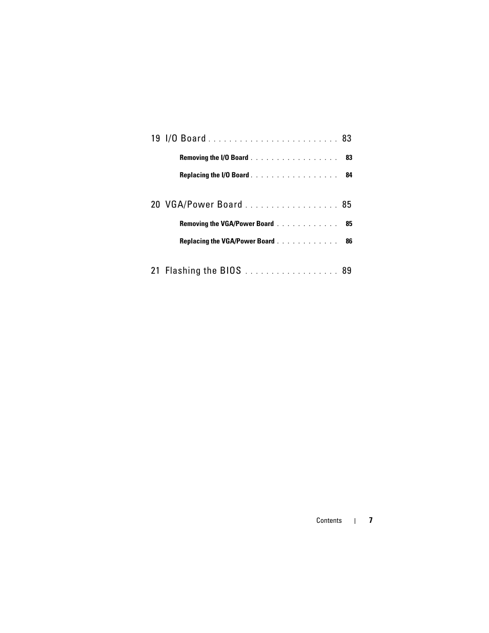 19 i/o board, 20 vga/power board, 21 flashing the bios | Dell Inspiron 15R (N5110, Early 2011) User Manual | Page 7 / 90