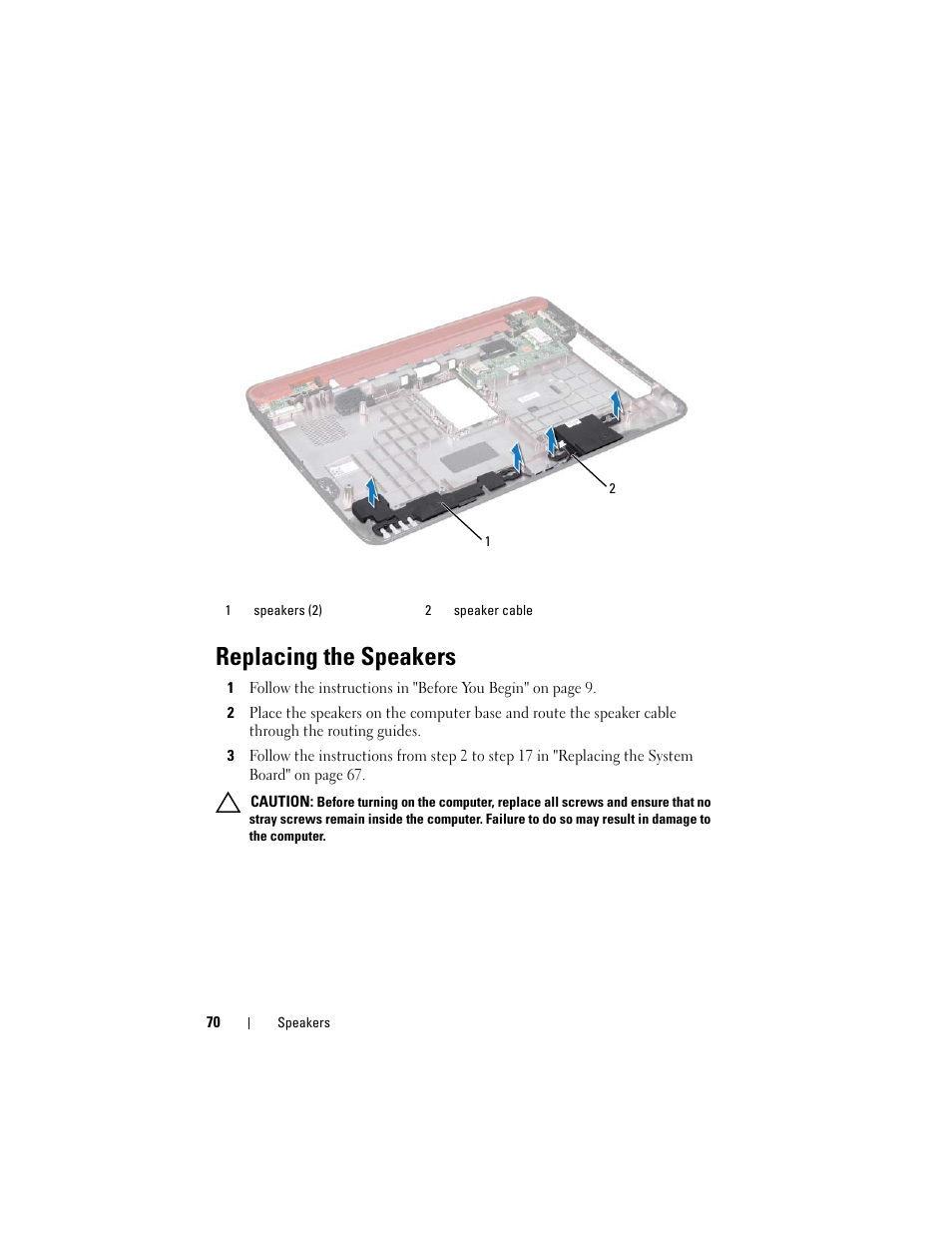 Replacing the speakers | Dell Inspiron 15R (N5110, Early 2011) User Manual | Page 70 / 90