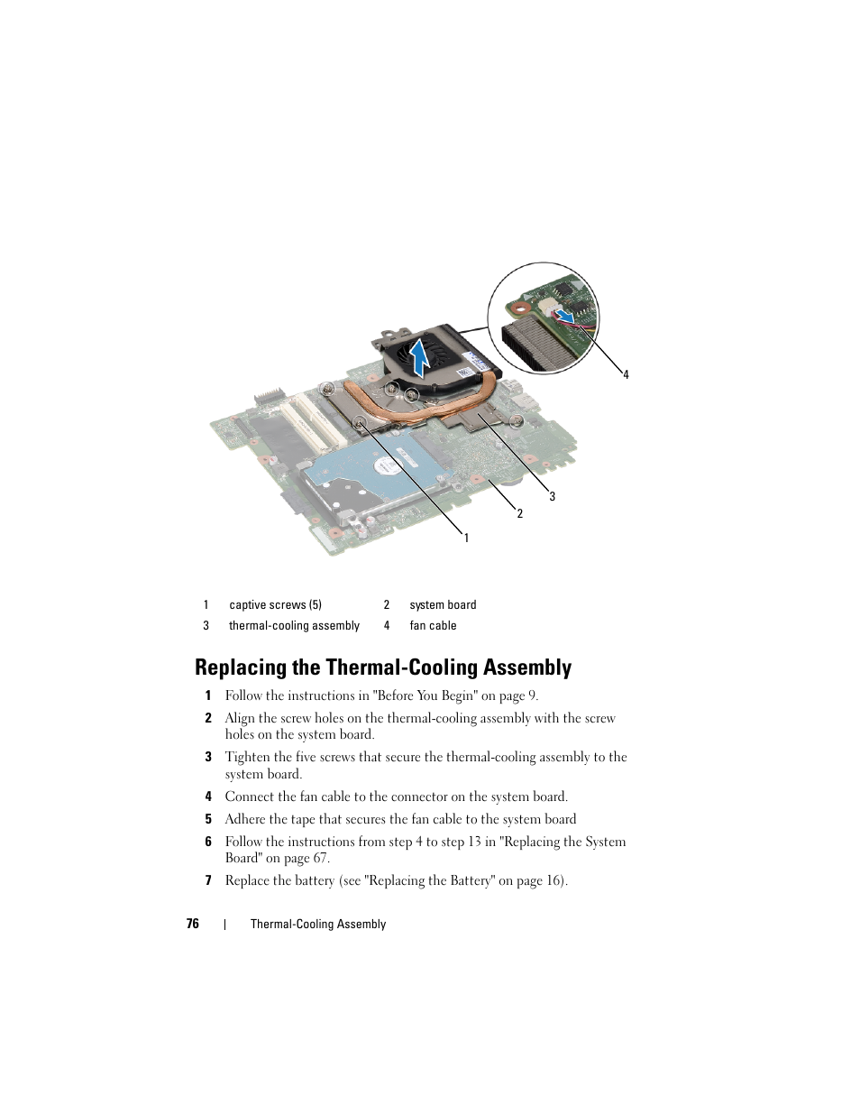 Replacing the thermal-cooling assembly, Replacing the | Dell Inspiron 15R (N5110, Early 2011) User Manual | Page 76 / 90