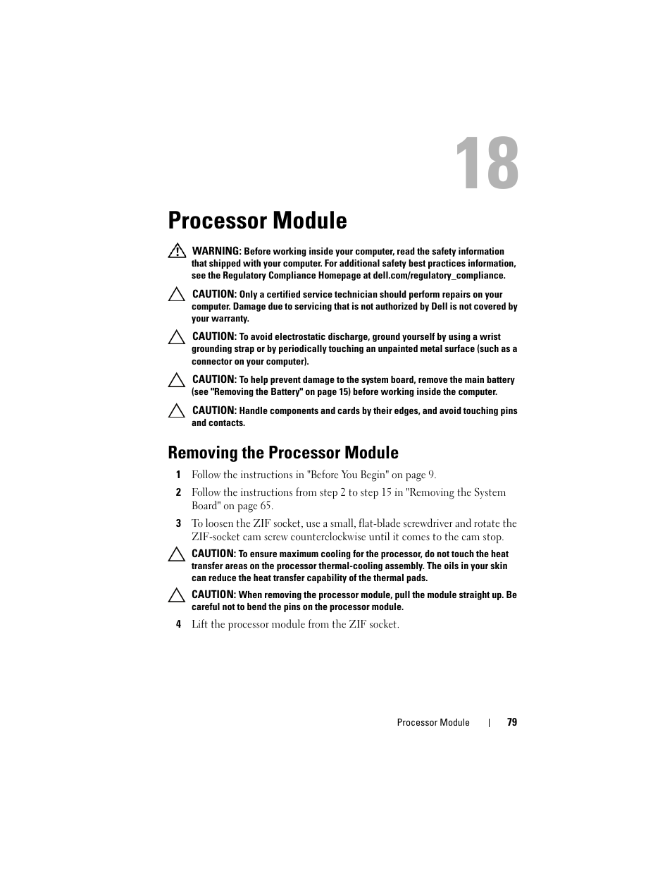 Processor module, Removing the processor module, 4 lift the processor module from the zif socket | Removing the processor module" on | Dell Inspiron 15R (N5110, Early 2011) User Manual | Page 79 / 90