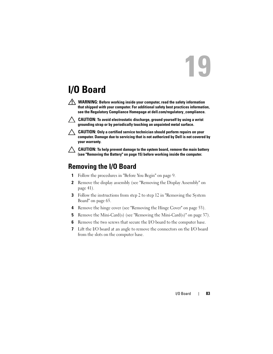 I/o board, Removing the i/o board | Dell Inspiron 15R (N5110, Early 2011) User Manual | Page 83 / 90