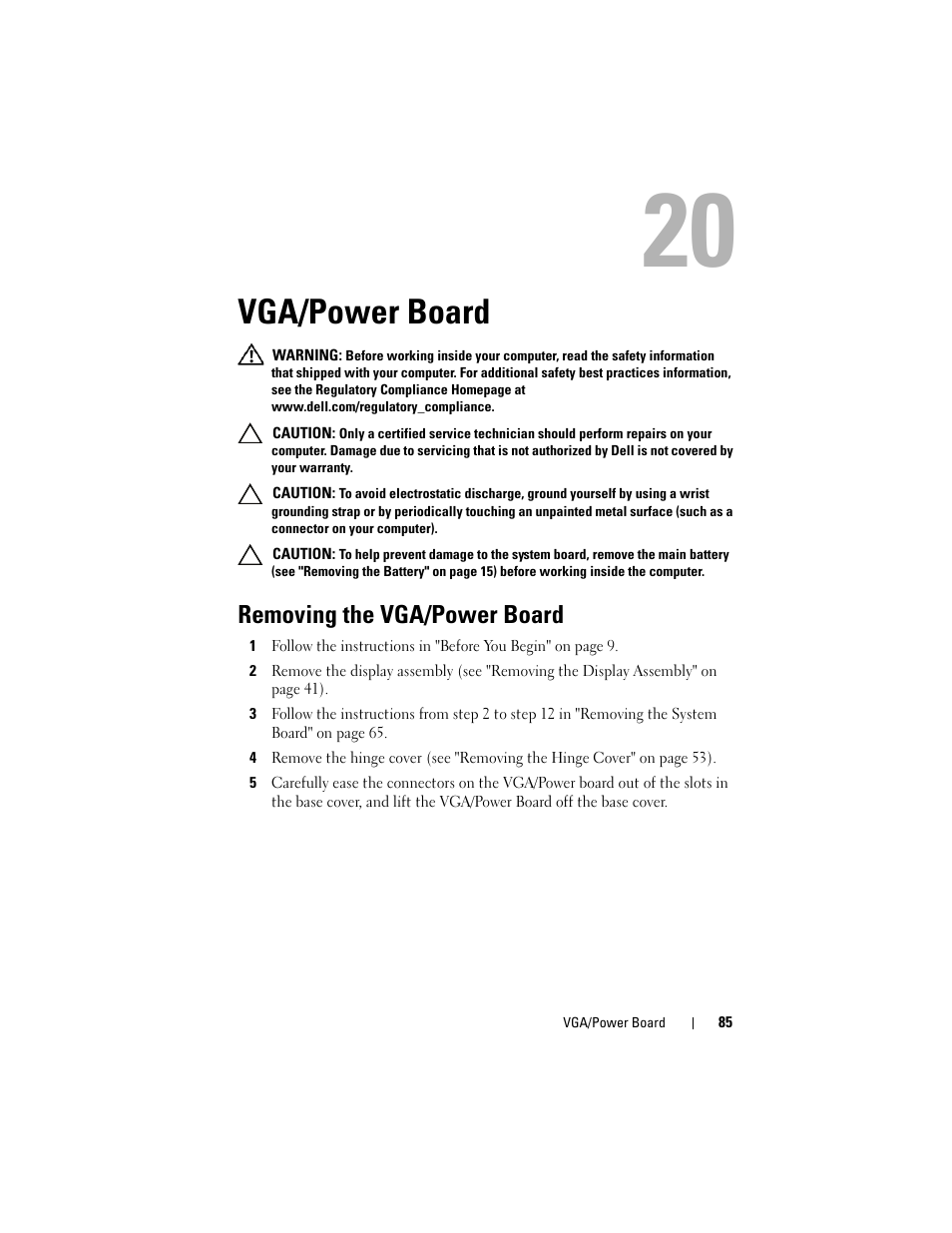 Vga/power board, Removing the vga/power board | Dell Inspiron 15R (N5110, Early 2011) User Manual | Page 85 / 90