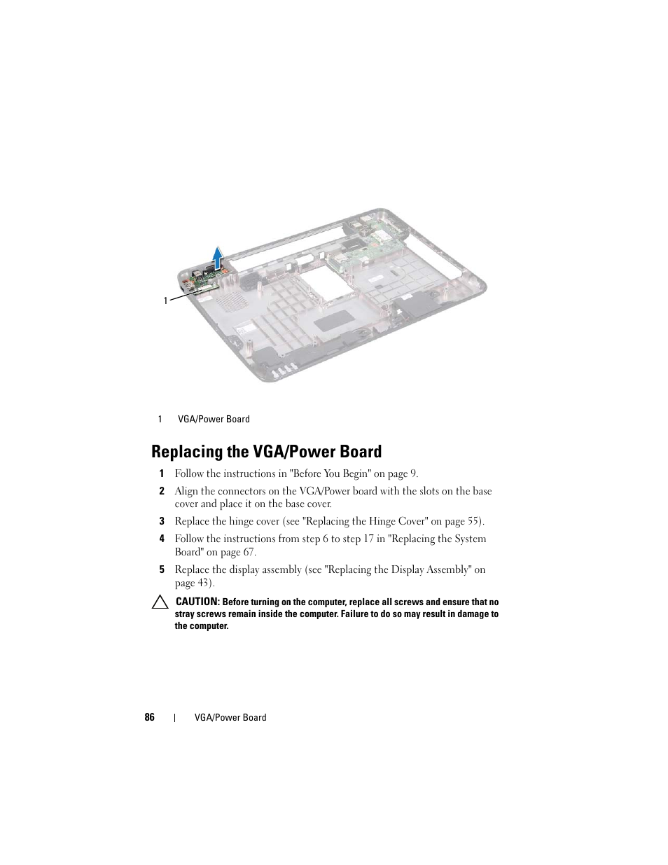 Replacing the vga/power board | Dell Inspiron 15R (N5110, Early 2011) User Manual | Page 86 / 90