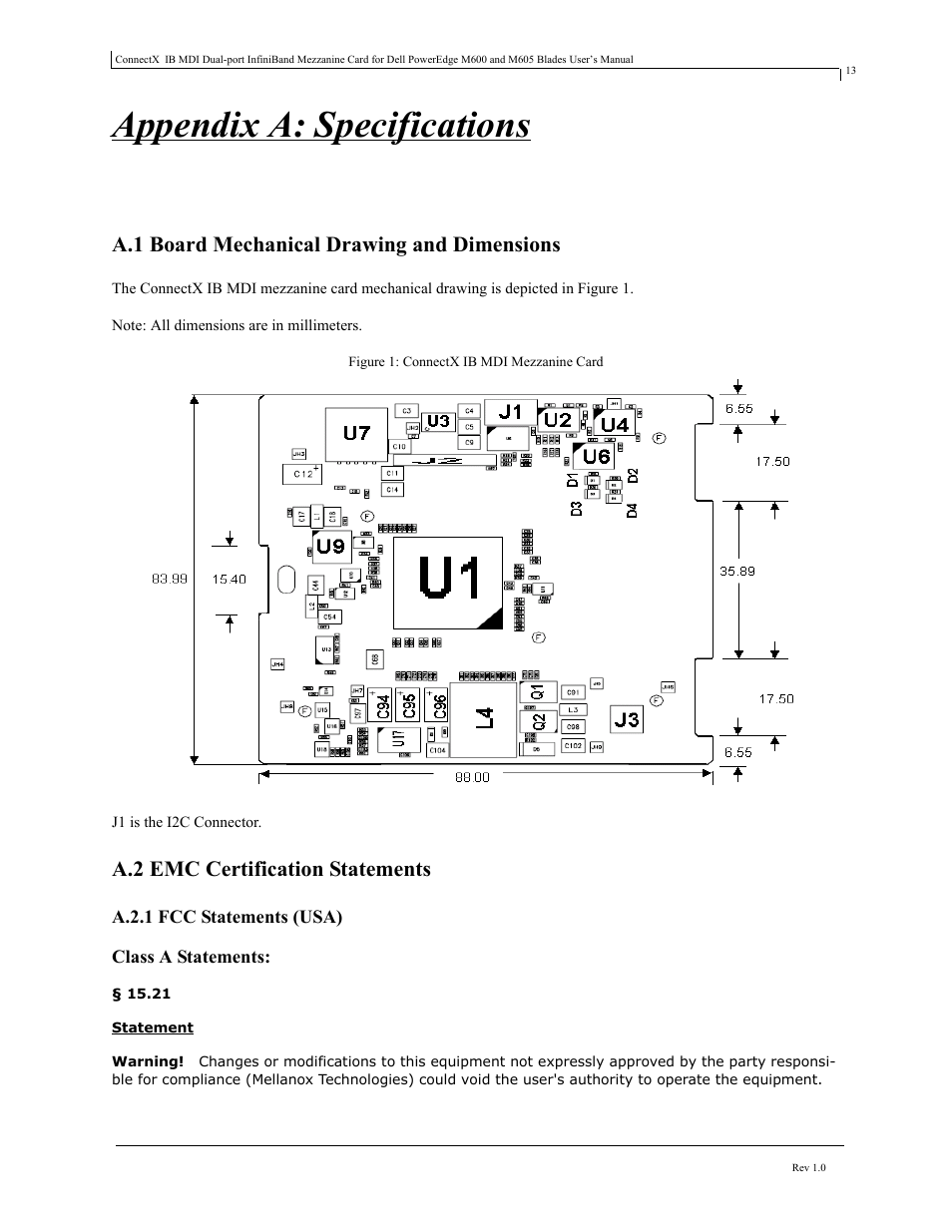 Appendix a: specifications, A.1 board mechanical drawing and dimensions, A.2 emc certification statements | Class a statements, Appendix a specifications | Dell PowerEdge M805 User Manual | Page 13 / 16