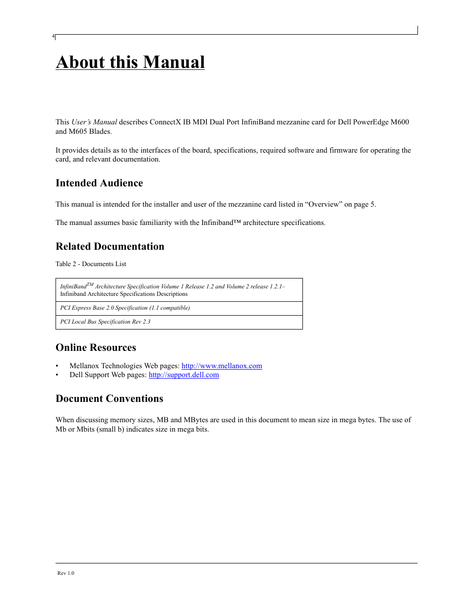 About this manual, Intended audience, Related documentation | Online resources, Document conventions, Documents list | Dell PowerEdge M805 User Manual | Page 6 / 16