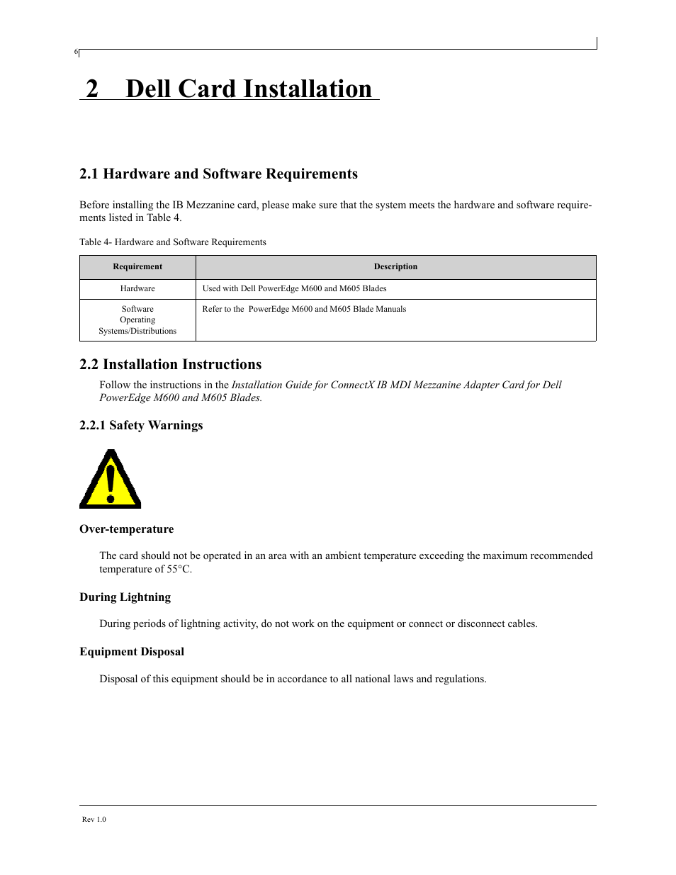 2 dell card installation, 1 hardware and software requirements, 2 installation instructions | 1 safety warnings, Chapter 2 dell card installation, 1 safety warnings 8, Hardware and software requirements | Dell PowerEdge M805 User Manual | Page 8 / 16