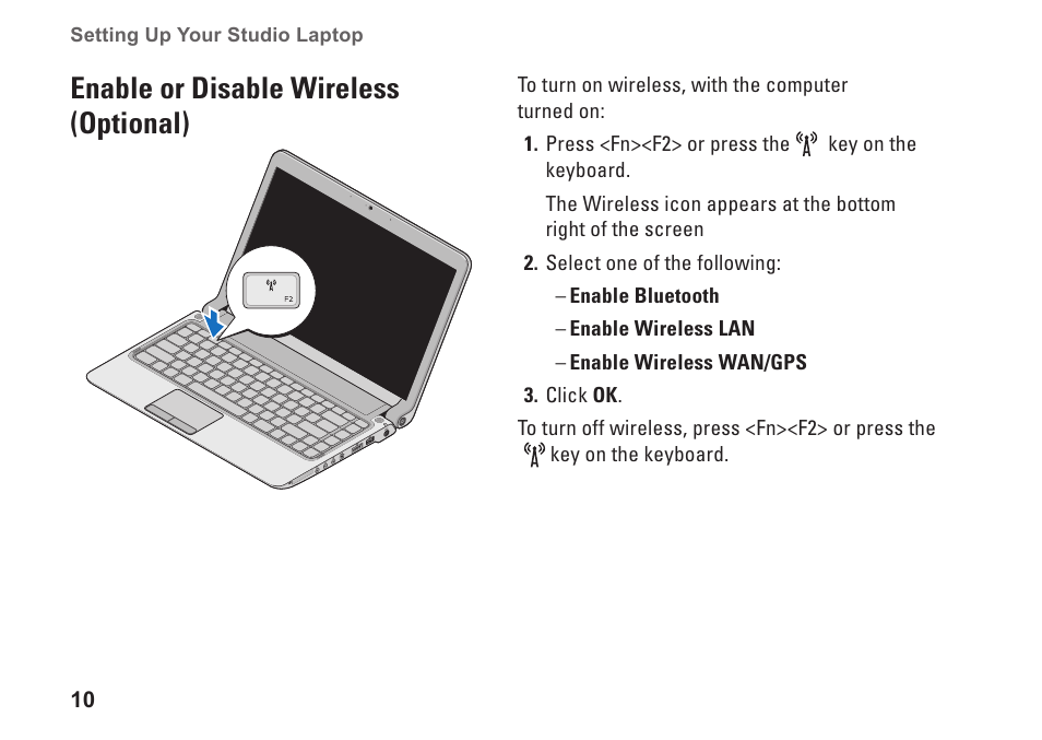 Enable or disable wireless (optional) | Dell Studio 1440 (Mid 2009) User Manual | Page 12 / 74