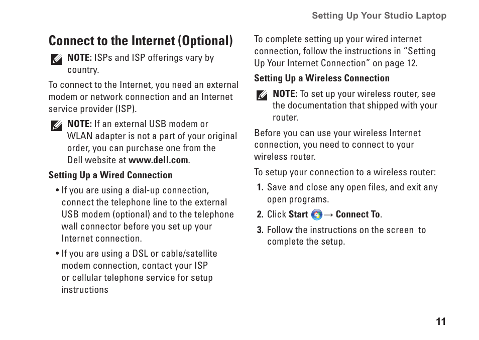 Connect to the internet (optional) | Dell Studio 1440 (Mid 2009) User Manual | Page 13 / 74