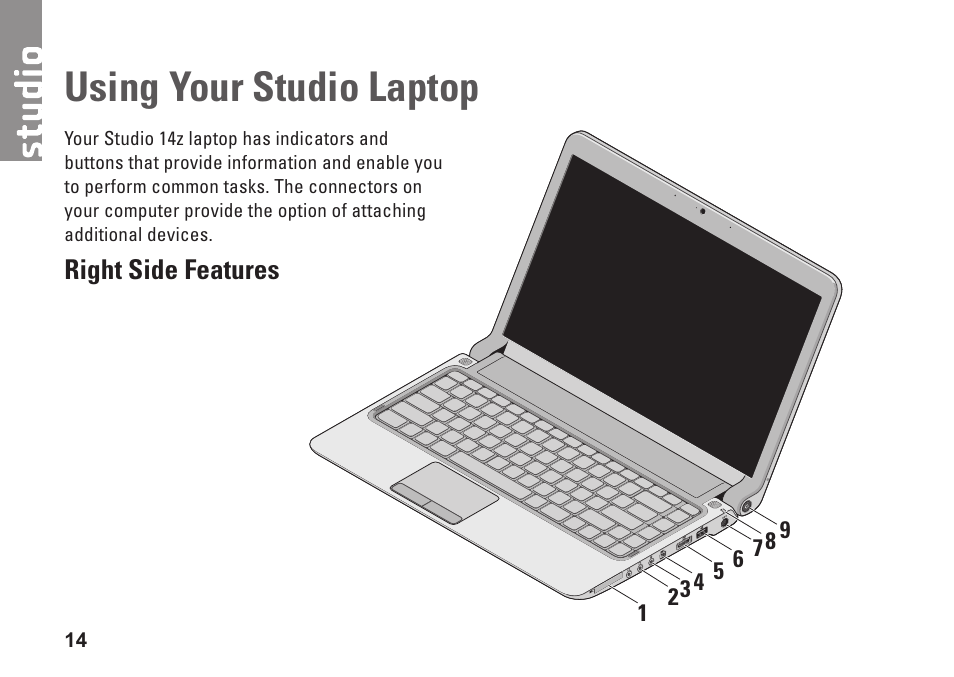 Using your studio laptop, Right side features | Dell Studio 1440 (Mid 2009) User Manual | Page 16 / 74